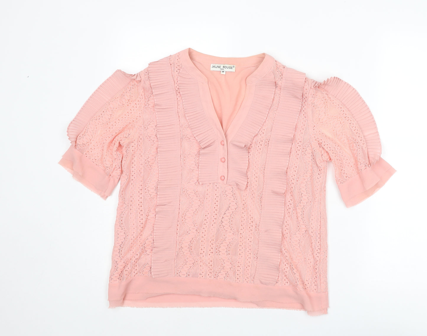 Jaune Rouge Womens Pink Polyester Basic Blouse Size M V-Neck - Lace Detail