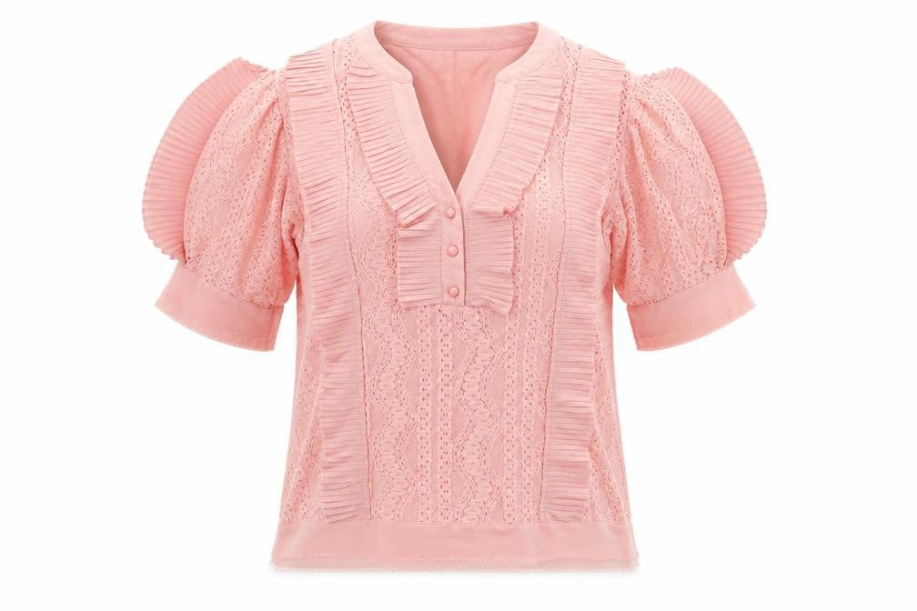 Front view of Jaune Rouge women’s pink polyester basic blouse, size M, v-neck - lace detail