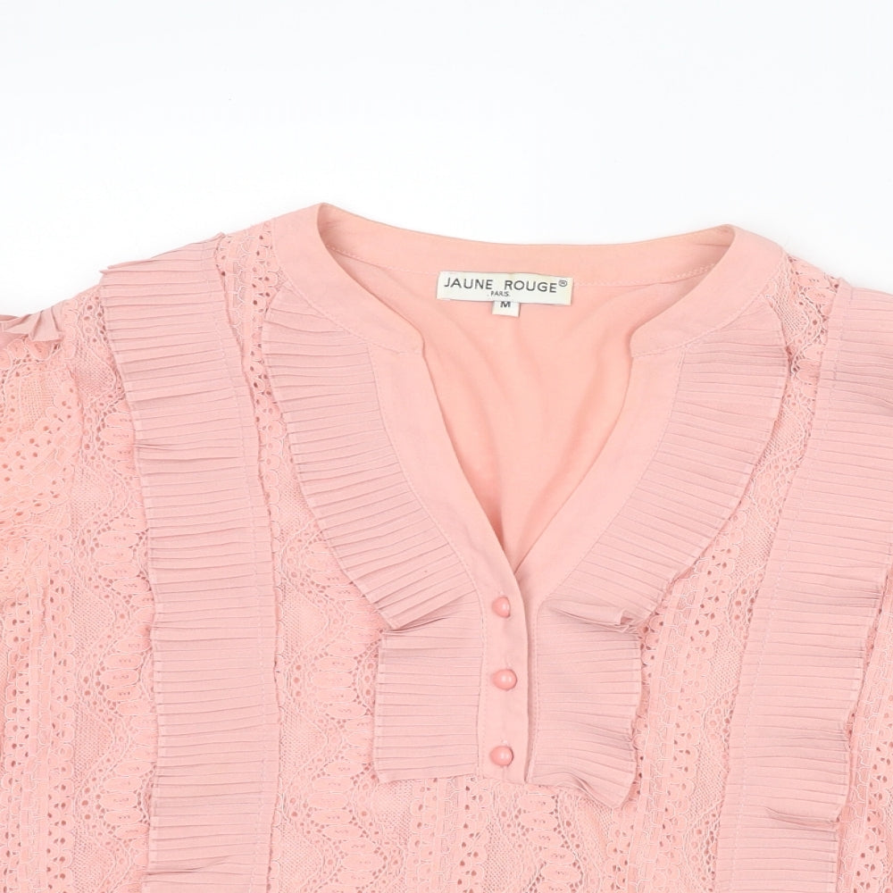 Jaune Rouge Womens Pink Polyester Basic Blouse Size M V-Neck - Lace Detail