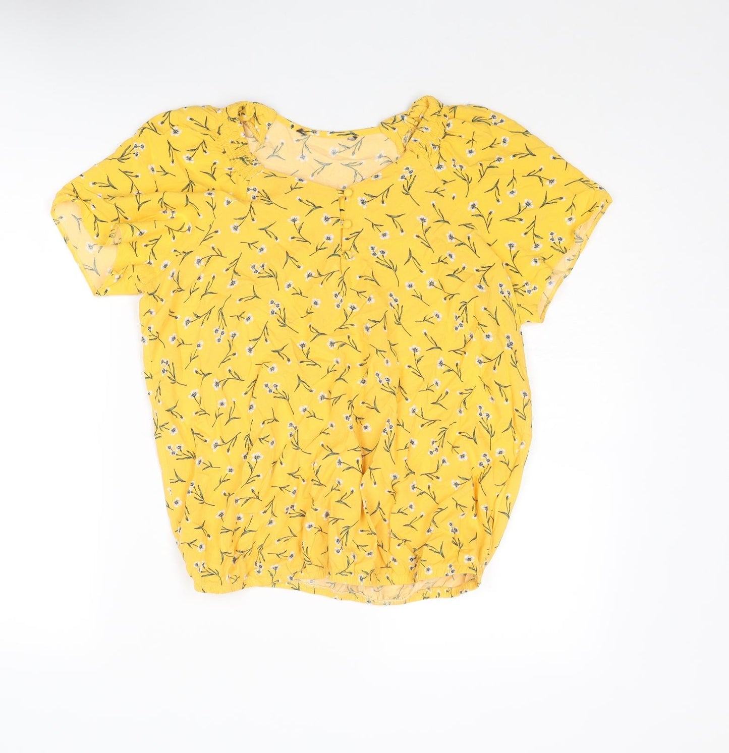 Bonmarché Womens Yellow Floral Viscose Basic Blouse Size 12 Round Neck