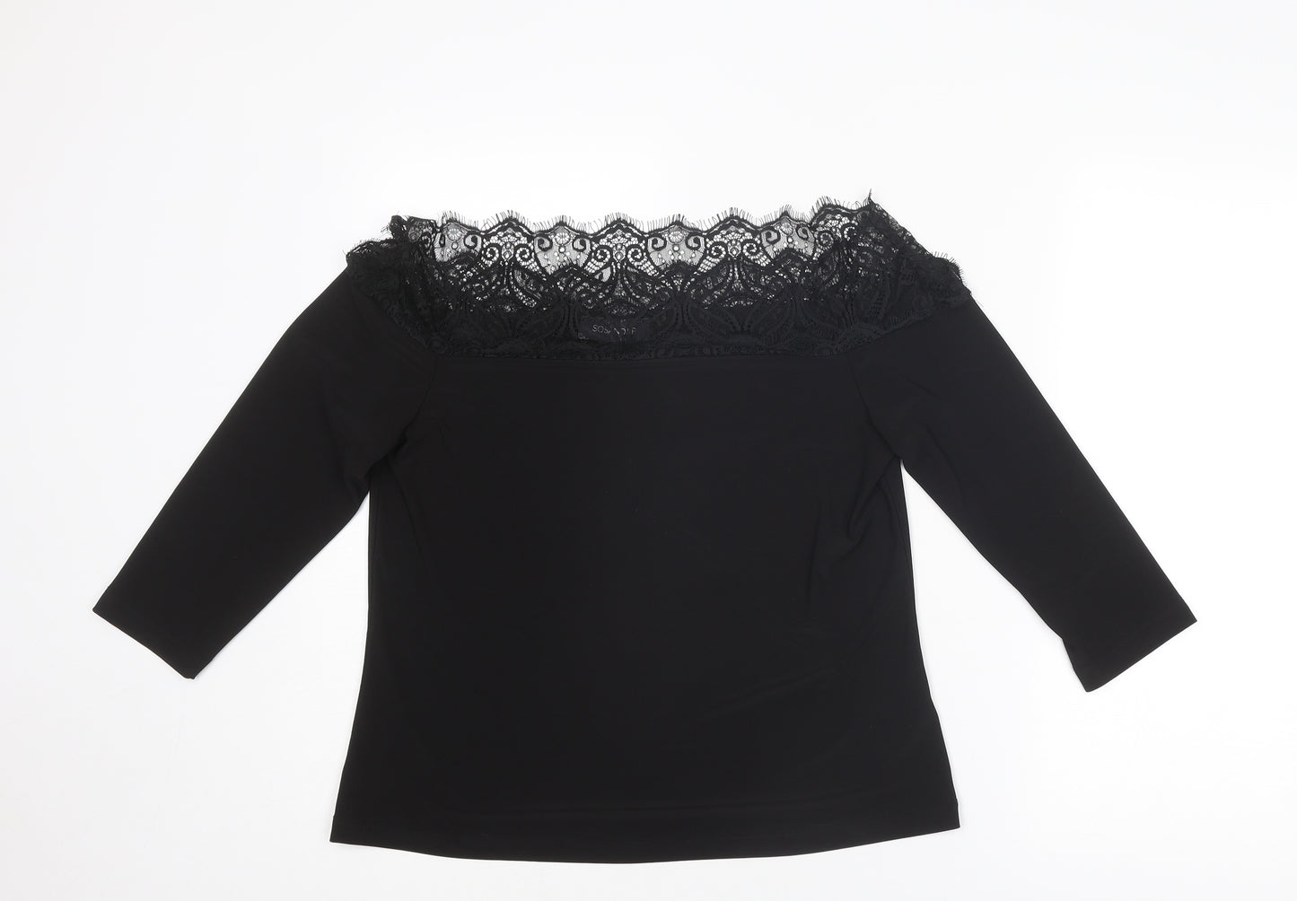 Sosandar Womens Black Polyester Basic T-Shirt Size 14 Off the Shoulder - Lace Trim