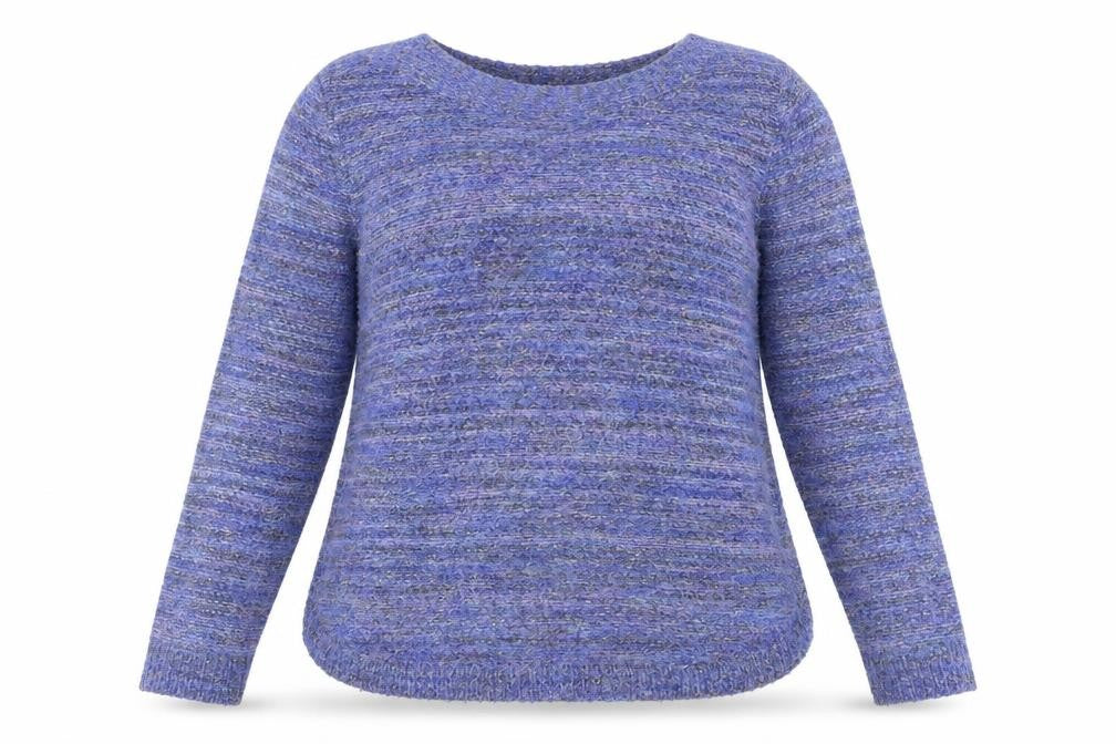 Front view of Pebble Bay women’s blue round neck acrylic jumper, size M