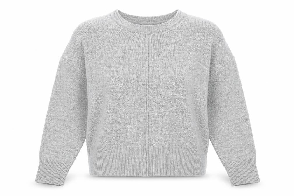 Front view of New Look women’s grey round neck acrylic jumper, size S