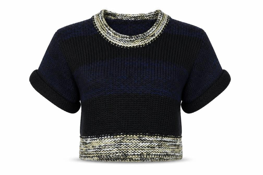 Front view of Topshop women’s multicoloured round neck acrylic jumper, size UK 12