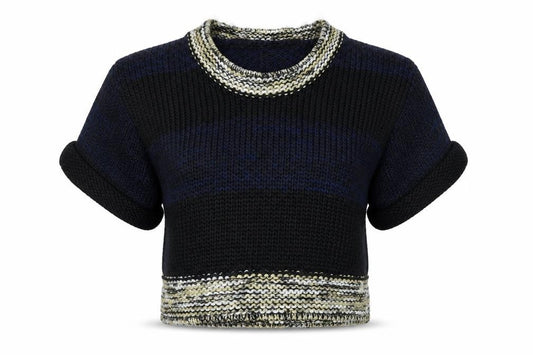 Front view of Topshop women’s multicoloured round neck acrylic jumper, size UK 12