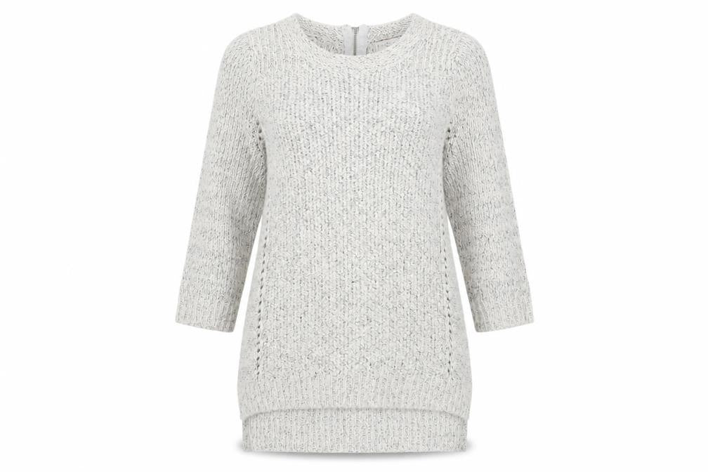 Front view of Indigo women’s grey round neck acrylic jumper, size UK 10