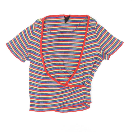 Urban Outfitters Womens Multicoloured Striped Cotton Basic T-Shirt Size S V-Neck - Wrap Front Detail