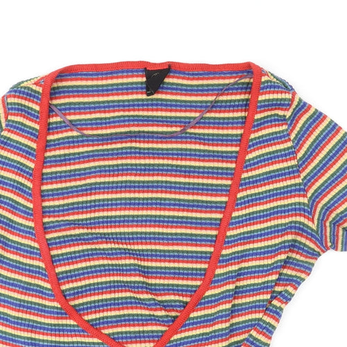 Urban Outfitters Womens Multicoloured Striped Cotton Basic T-Shirt Size S V-Neck - Wrap Front Detail