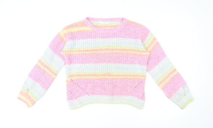 Marks and Spencer Girls Multicoloured Round Neck Striped Polyester Pullover Jumper Size 13-14 Years Pullover