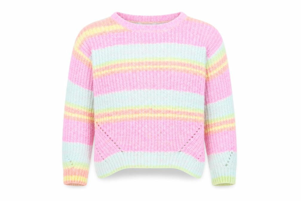 Front view of Marks & Spencer girls’ multicoloured round neck striped polyester jumper, size 13-14, years pullover
