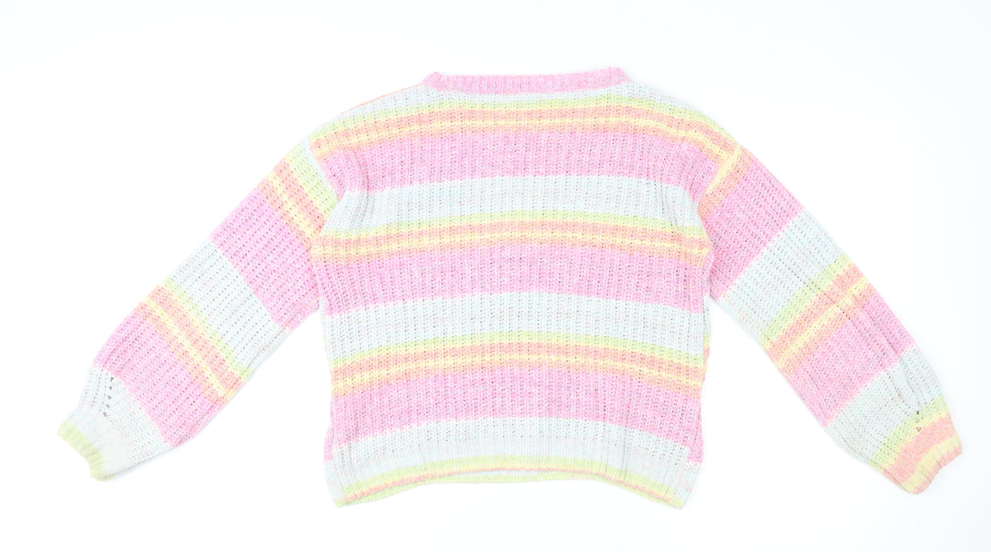 Marks and Spencer Girls Multicoloured Round Neck Striped Polyester Pullover Jumper Size 13-14 Years Pullover