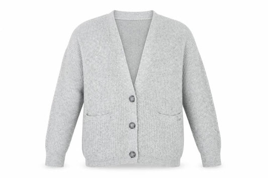 Front view of Hollister men’s grey v-neck acrylic cardigan jumper, size XS, long sleeve