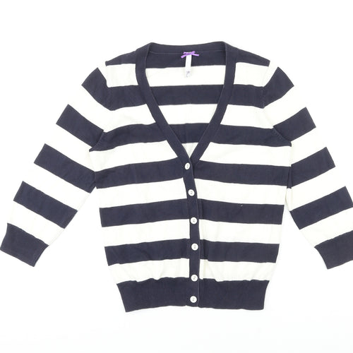 BHS Womens Blue V-Neck Striped 100% Cotton Cardigan Jumper Size 10
