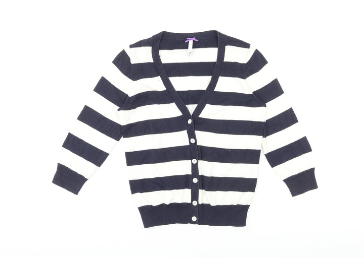 BHS Womens Blue V-Neck Striped 100% Cotton Cardigan Jumper Size 10