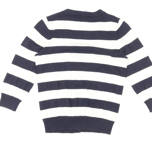 BHS Womens Blue V-Neck Striped 100% Cotton Cardigan Jumper Size 10