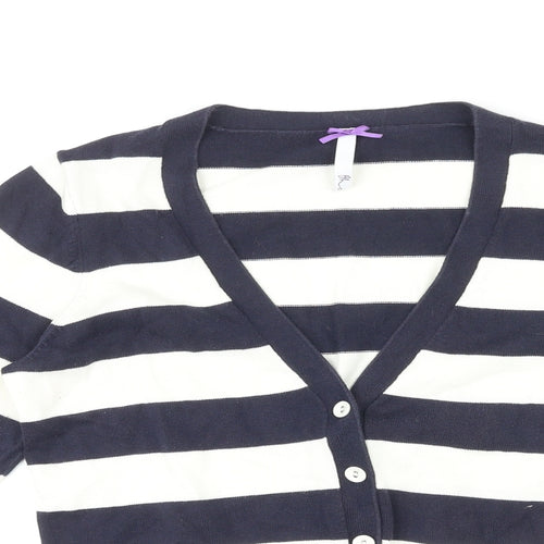 BHS Womens Blue V-Neck Striped 100% Cotton Cardigan Jumper Size 10