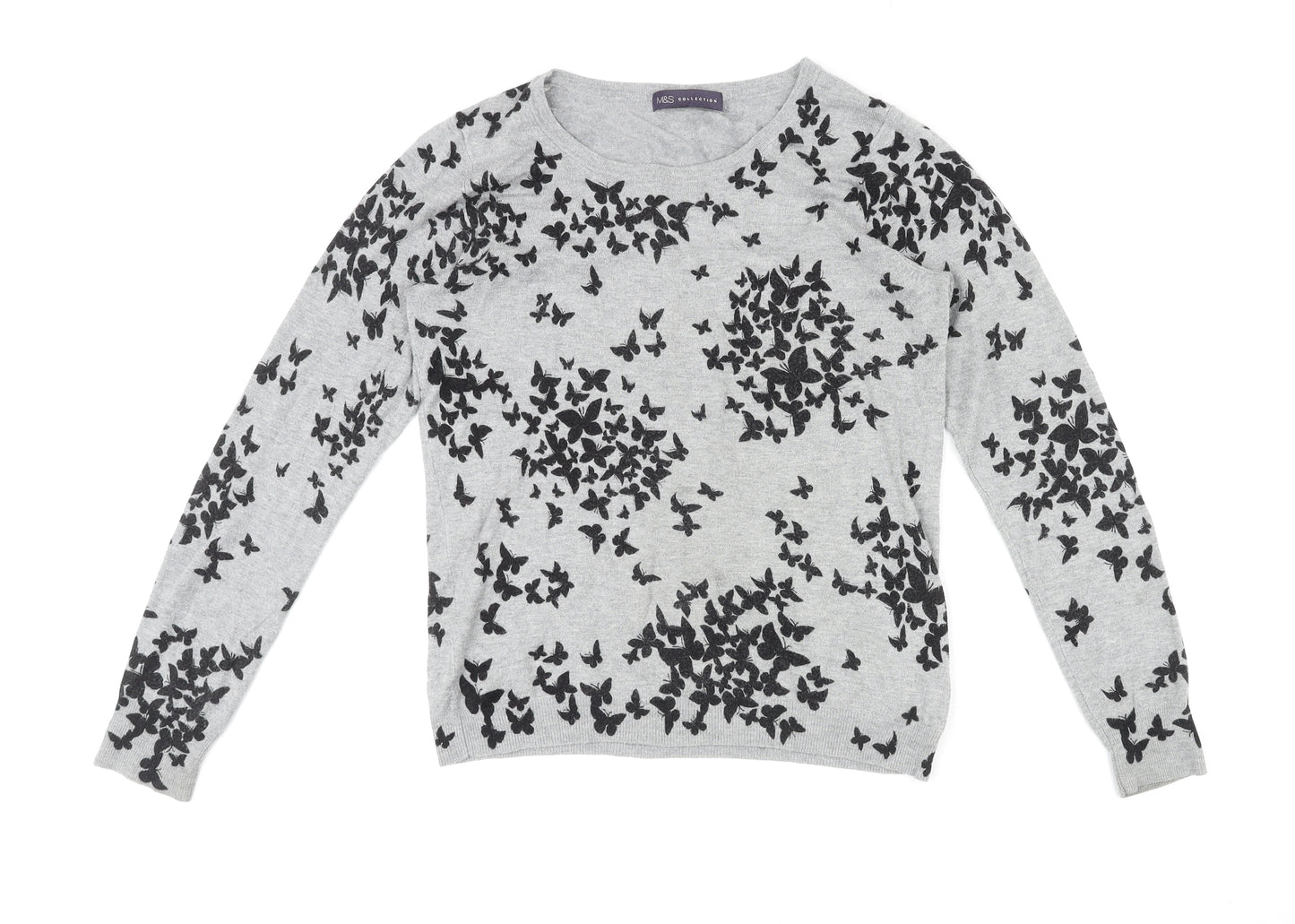 Marks and Spencer Womens Grey Round Neck Geometric Viscose Pullover Jumper Size 12 - Butterfly