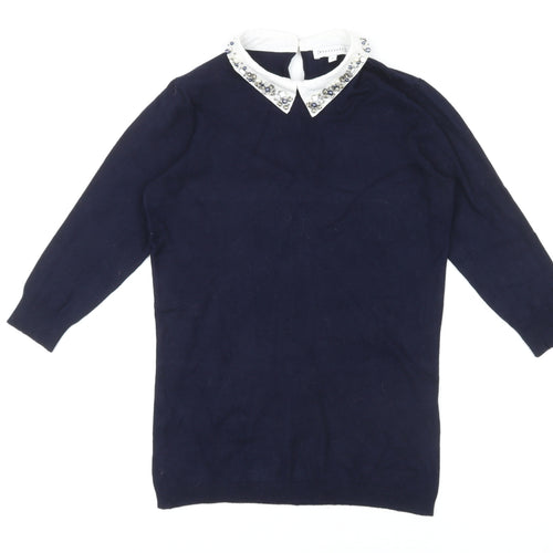 Warehouse Womens Blue Collared Viscose Pullover Jumper Size 8