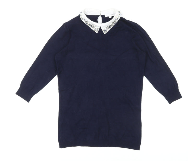 Warehouse Womens Blue Collared Viscose Pullover Jumper Size 8