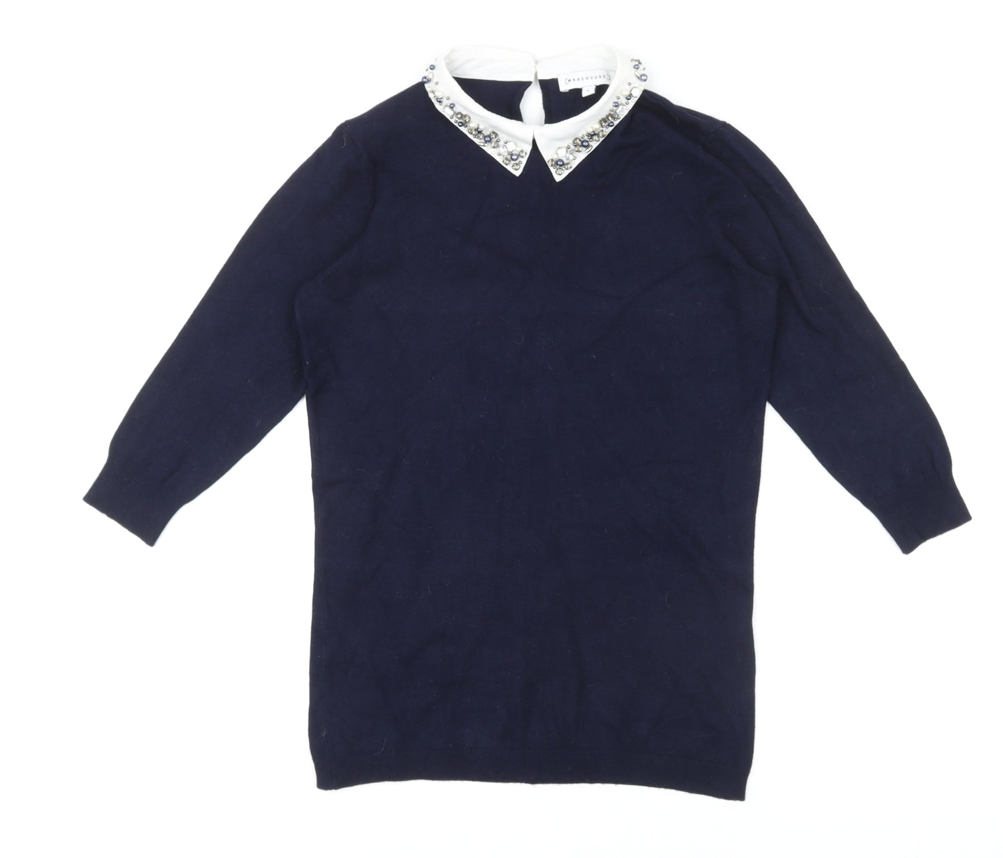 Warehouse Womens Blue Collared Viscose Pullover Jumper Size 8
