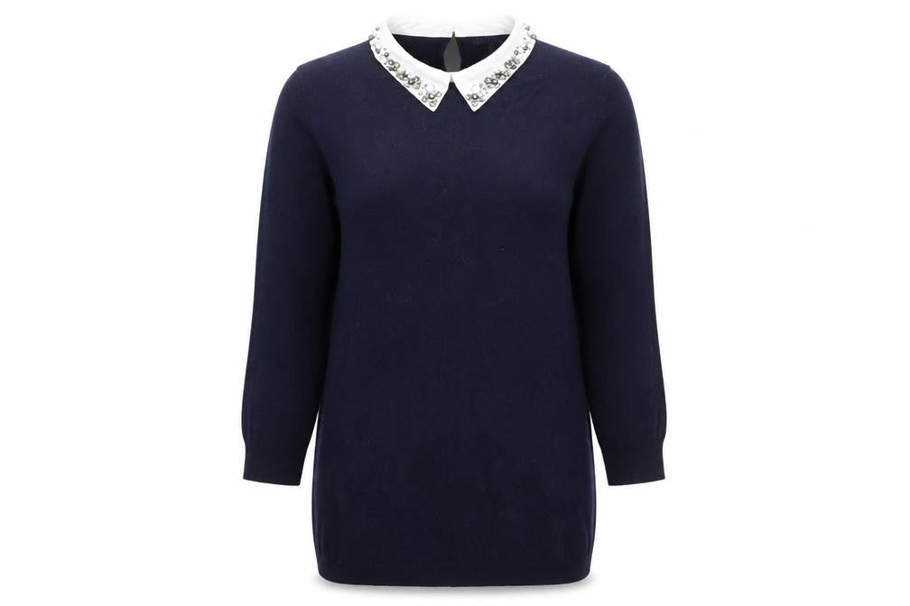 Front view of Warehouse women’s blue collared viscose jumper, size UK 8