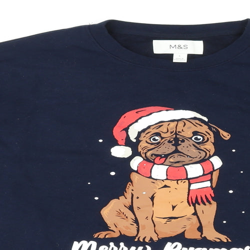 Marks and Spencer Womens Blue 100% Cotton Pullover Sweatshirt Size L Pullover - Christmas Merry Pugmas Dog