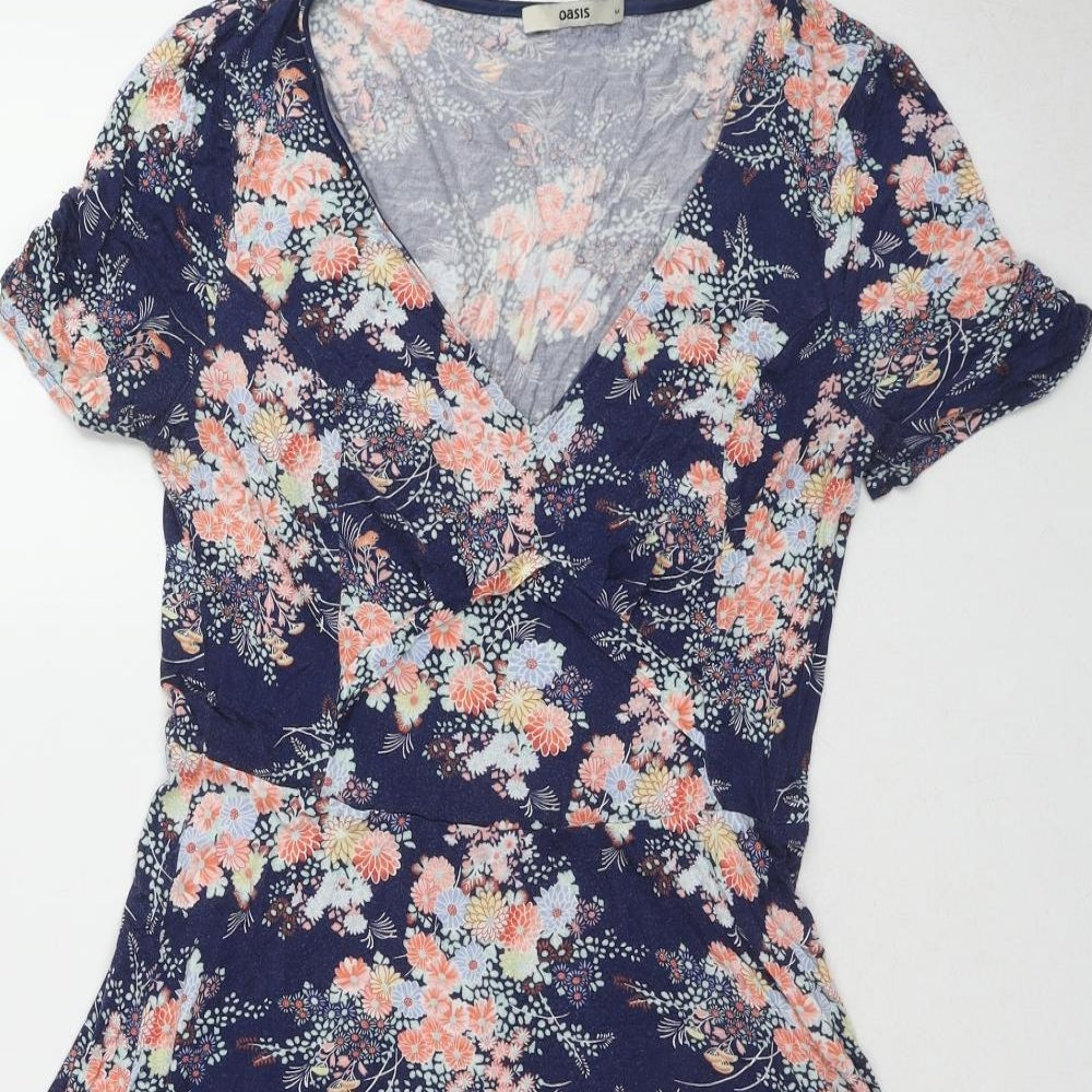 Oasis Womens Blue Floral Viscose A-Line Size M V-Neck Pullover
