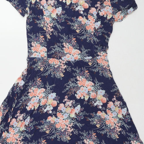 Oasis Womens Blue Floral Viscose A-Line Size M V-Neck Pullover