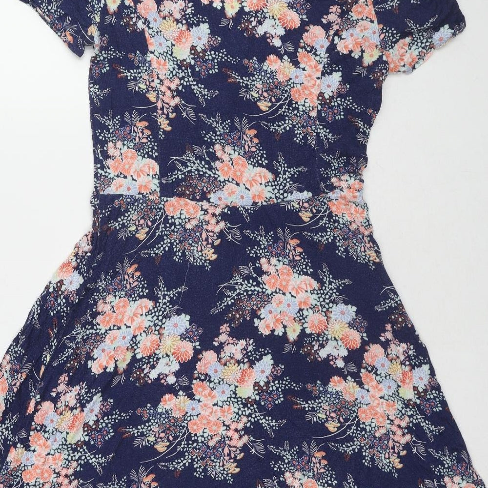 Oasis Womens Blue Floral Viscose A-Line Size M V-Neck Pullover