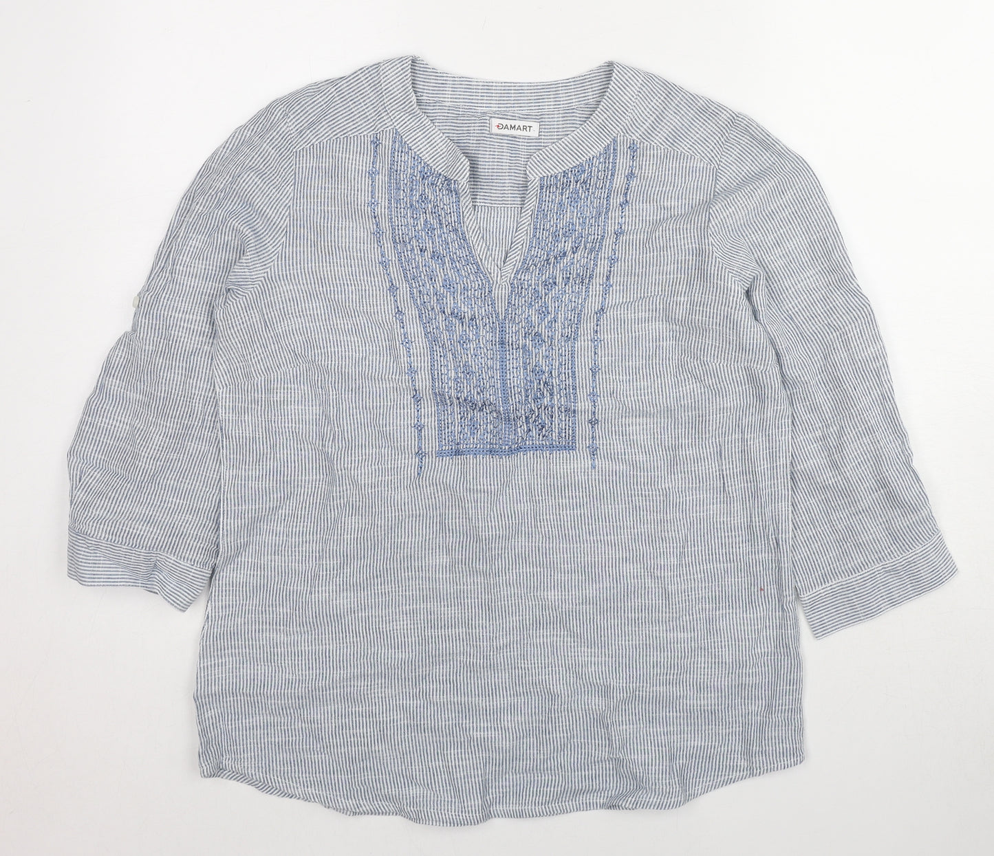 Damart Womens Blue Striped Cotton Basic Blouse Size 14 V-Neck
