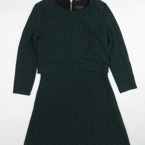 Topshop Womens Green Geometric Polyester A-Line Size 8 Round Neck Zip