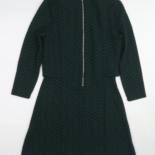 Topshop Womens Green Geometric Polyester A-Line Size 8 Round Neck Zip