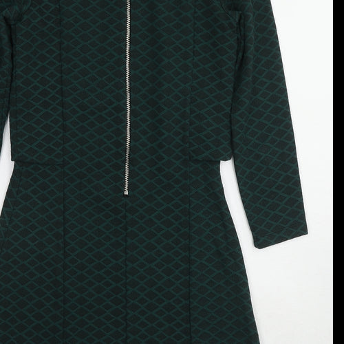 Topshop Womens Green Geometric Polyester A-Line Size 8 Round Neck Zip