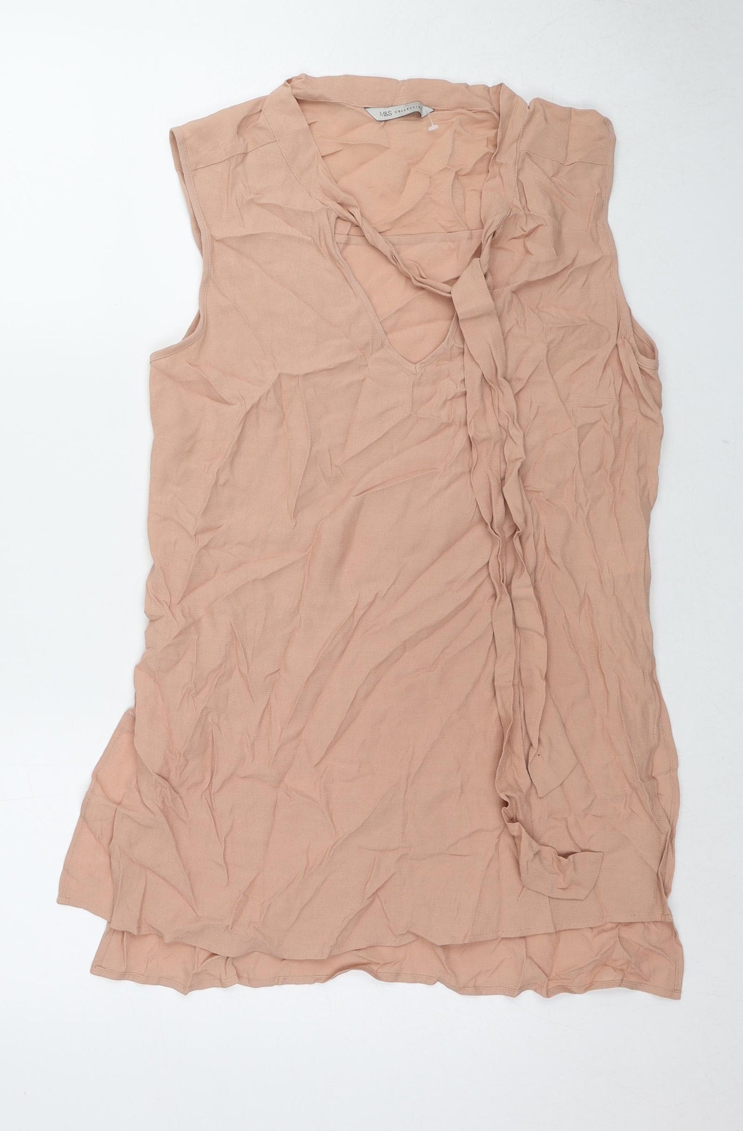 Marks and Spencer Womens Beige Viscose Tunic Blouse Size 10 V-Neck - Tie Neck Detail