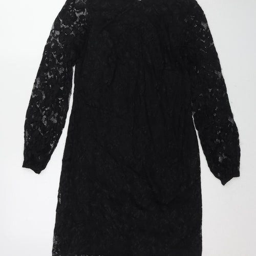 M&Co Womens Black Polyester Shift Size 8 Round Neck Button