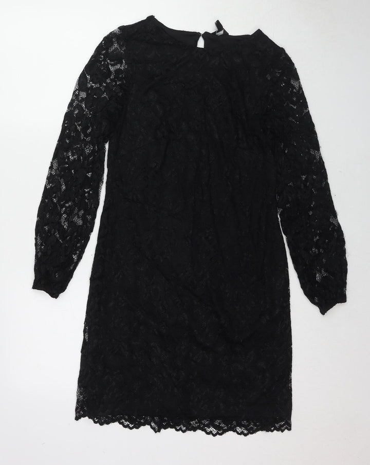 M&Co Womens Black Polyester Shift Size 8 Round Neck Button