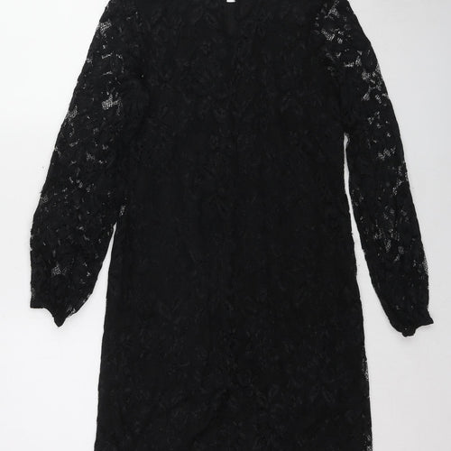 M&Co Womens Black Polyester Shift Size 8 Round Neck Button