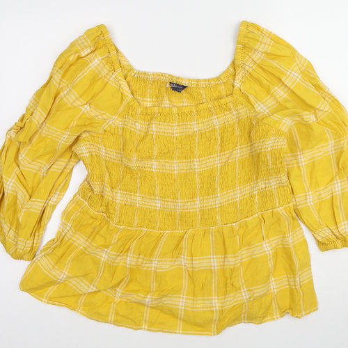 Marks and Spencer Womens Yellow Plaid Cotton Basic Blouse Size 16 Square Neck - Peplum