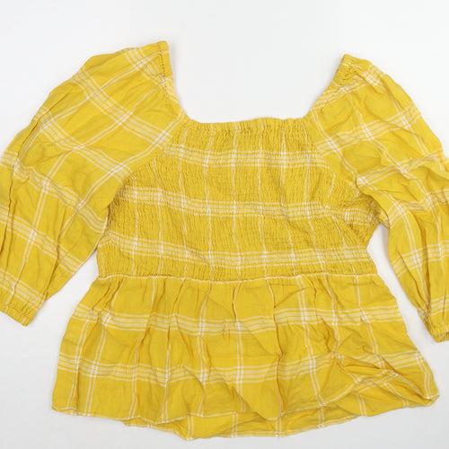 Marks and Spencer Womens Yellow Plaid Cotton Basic Blouse Size 16 Square Neck - Peplum