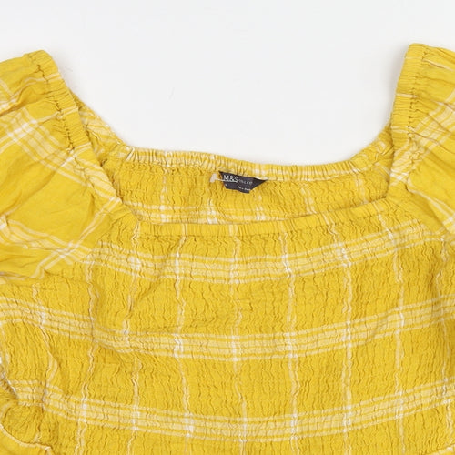 Marks and Spencer Womens Yellow Plaid Cotton Basic Blouse Size 16 Square Neck - Peplum
