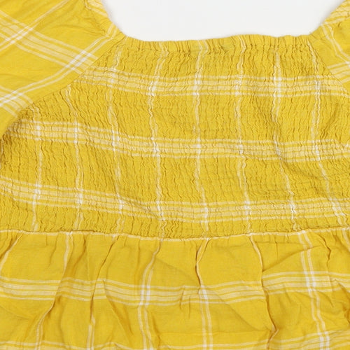 Marks and Spencer Womens Yellow Plaid Cotton Basic Blouse Size 16 Square Neck - Peplum