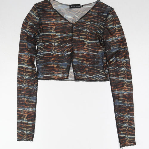 PRETTYLITTLETHING Womens Multicoloured Geometric Polyester Cropped Blouse Size 8 V-Neck