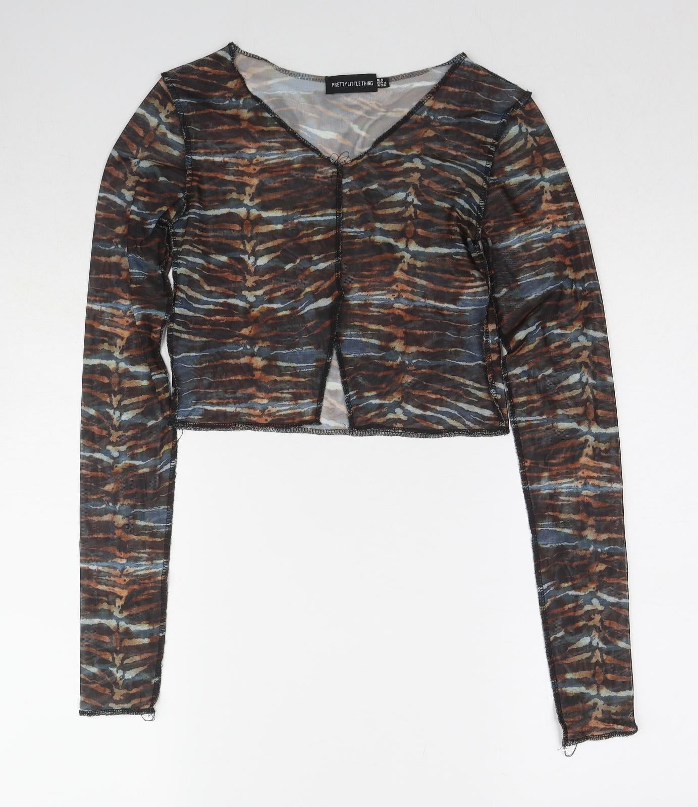 PRETTYLITTLETHING Womens Multicoloured Geometric Polyester Cropped Blouse Size 8 V-Neck