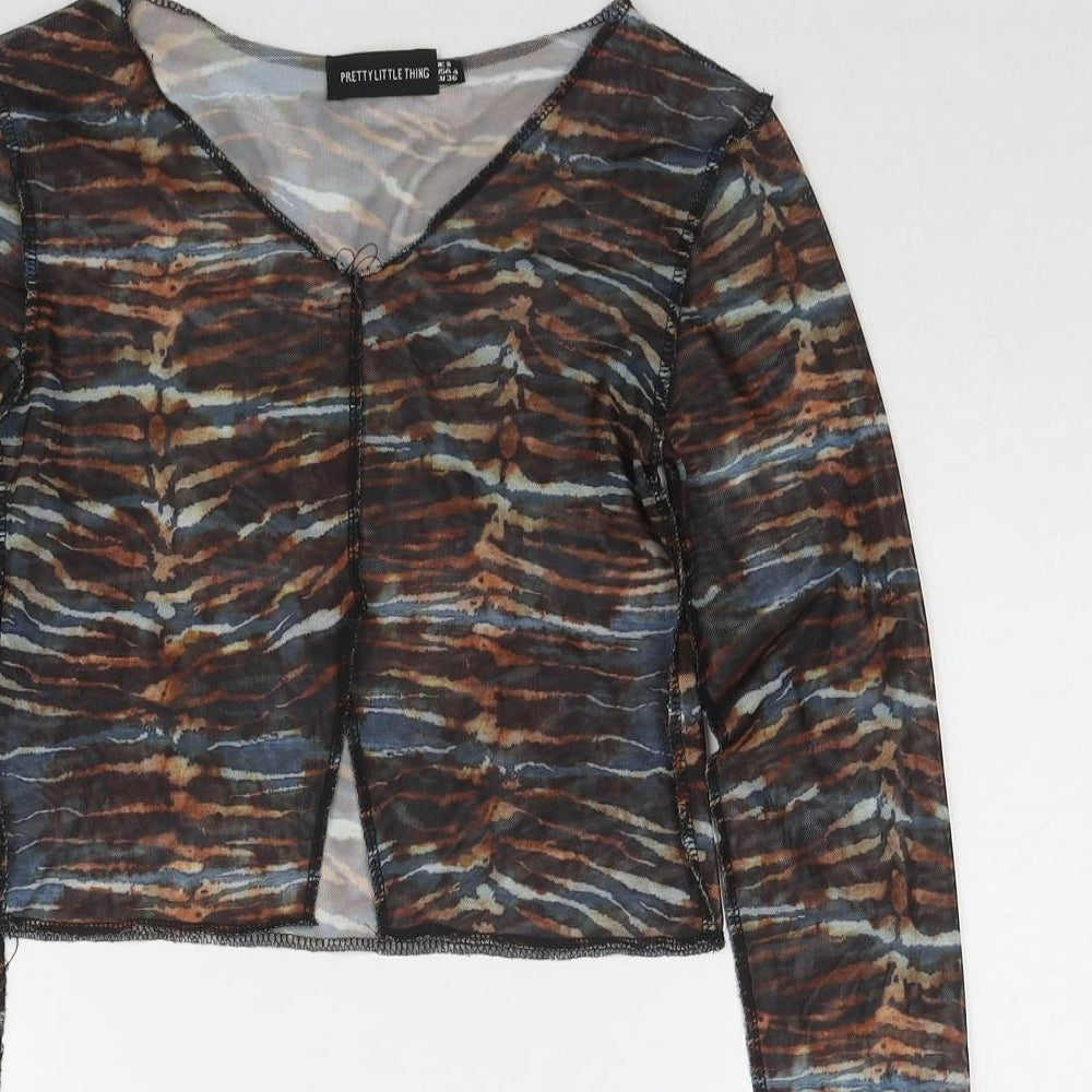 PRETTYLITTLETHING Womens Multicoloured Geometric Polyester Cropped Blouse Size 8 V-Neck