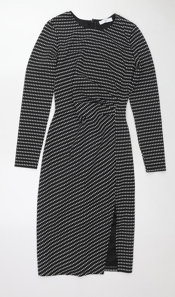 River Island Womens Black Geometric Polyester Pencil Dress Size S Round Neck Zip