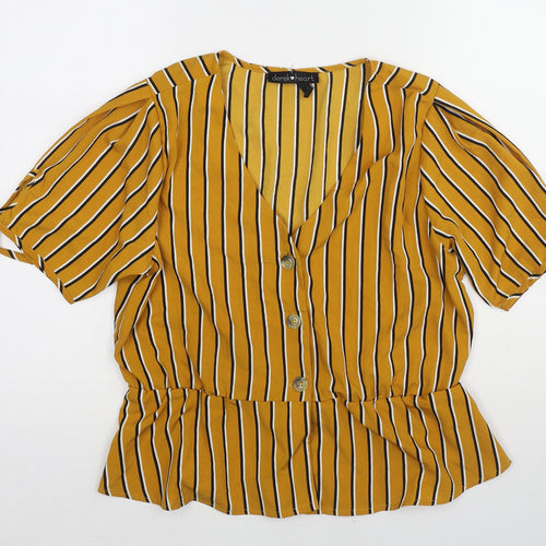 Derek Heart Womens Yellow Striped Polyester Basic Blouse Size M V-Neck - Tie Sleeve Detail