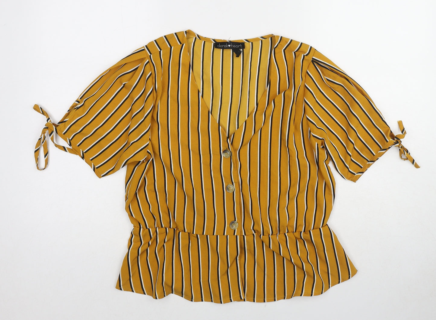 Derek Heart Womens Yellow Striped Polyester Basic Blouse Size M V-Neck - Tie Sleeve Detail
