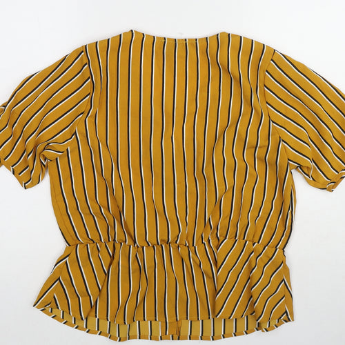 Derek Heart Womens Yellow Striped Polyester Basic Blouse Size M V-Neck - Tie Sleeve Detail