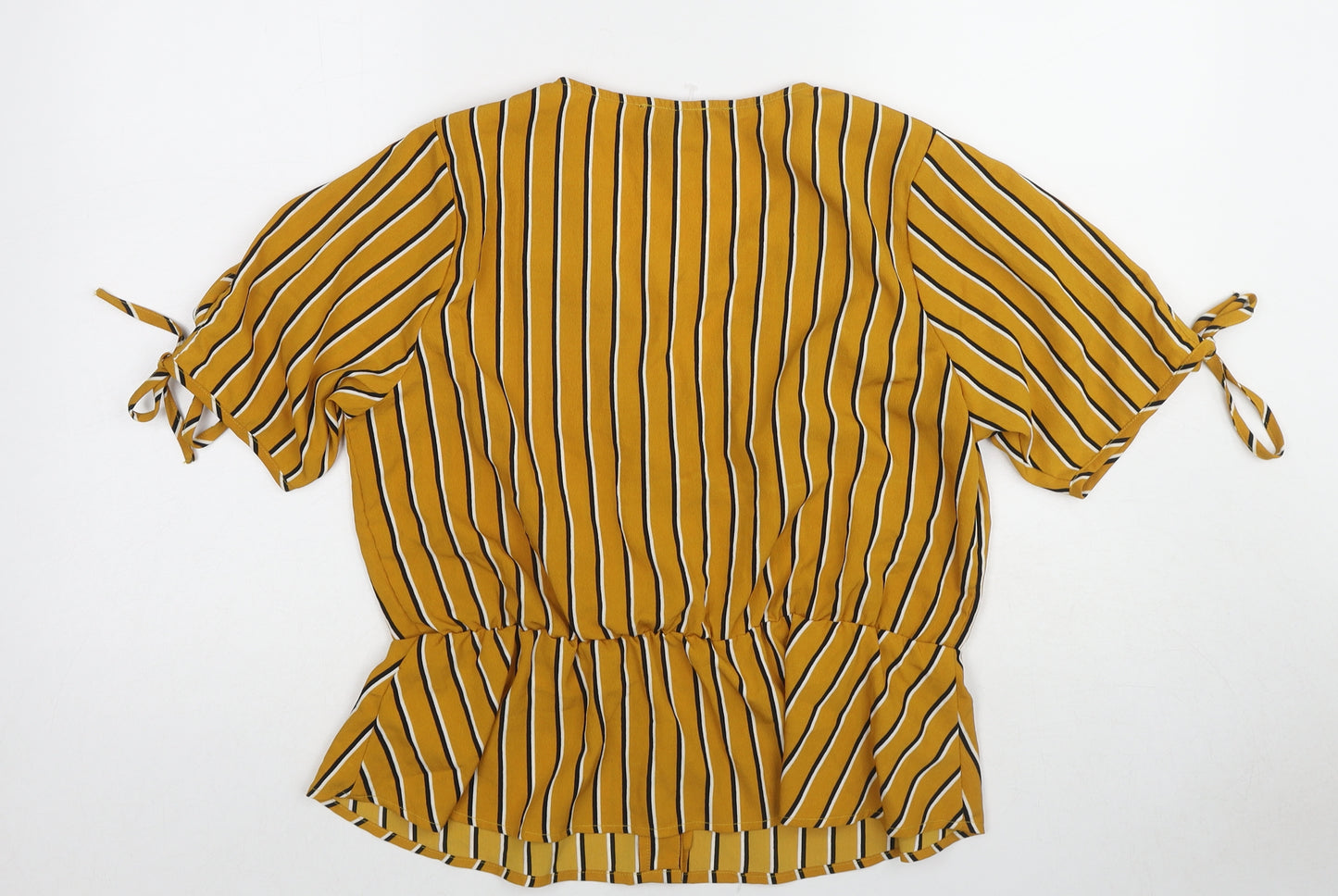 Derek Heart Womens Yellow Striped Polyester Basic Blouse Size M V-Neck - Tie Sleeve Detail