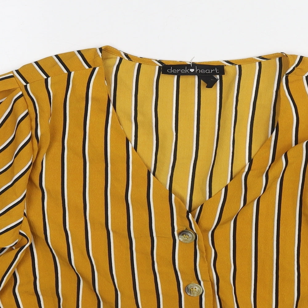 Derek Heart Womens Yellow Striped Polyester Basic Blouse Size M V-Neck - Tie Sleeve Detail
